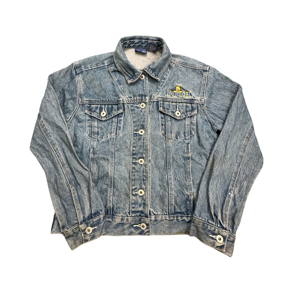 Pooh Denim Jacket Womens Medium Blue Disney Winnie the Pooh Trucker Embroidered